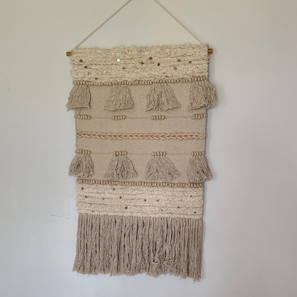 Boho Large Woven Wall Hanging Tapestry Tassel Fringe Neutral Textured Fiber Art